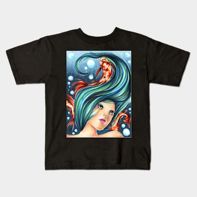 Koi Fish Underwater Ocean Girl Scene Kids T-Shirt by moonphiredesign
